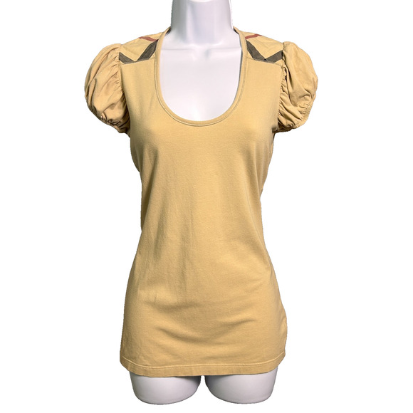 Burberry Brit Puff Sleeve T Shirt Womens Small Scoop Neck Soft Designer Elevated - Picture 1 of 7